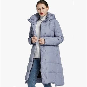 Periwinkle blue hooded long puffer coat